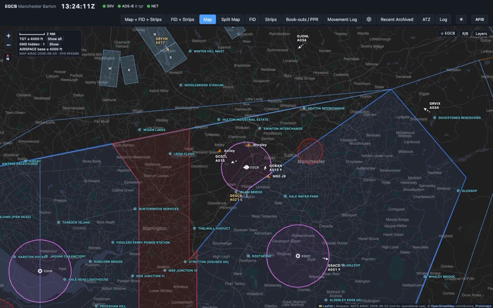 Map showing aircraft targets with labels, airspace, ATZ and landmarks around Manchester Barton